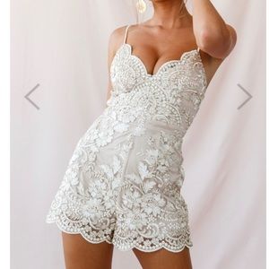 Delilah Embroidered Scalloped Hem Romper Beige